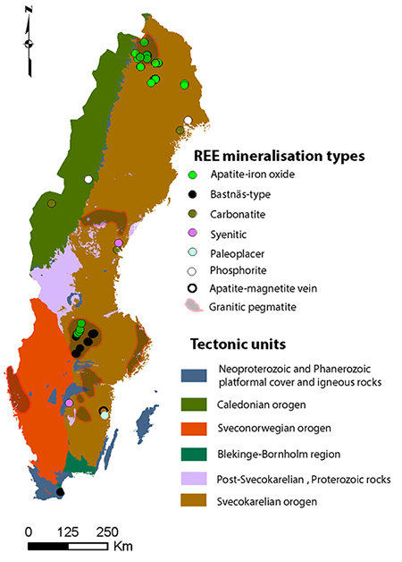 Spatial distribution and simplified type of known REE occurrences in Sweden (modified after Sadeghi et al., 2013).